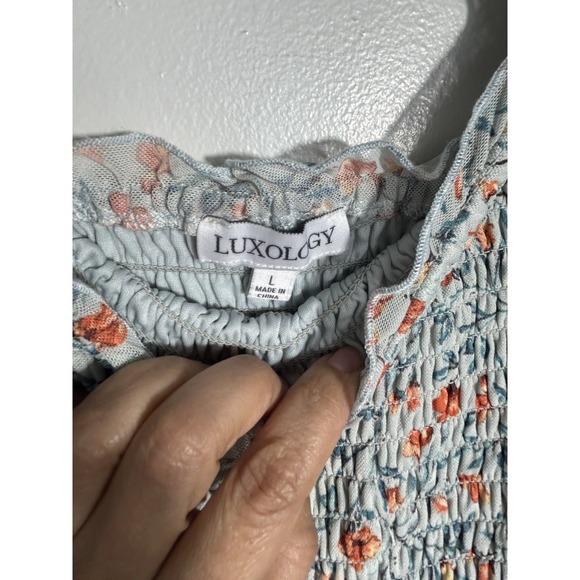 Luxology Floral Mesh Midi Dress Large Smocked Bodice Flutter Sleeve Cottagecore - Picture 4 of 10